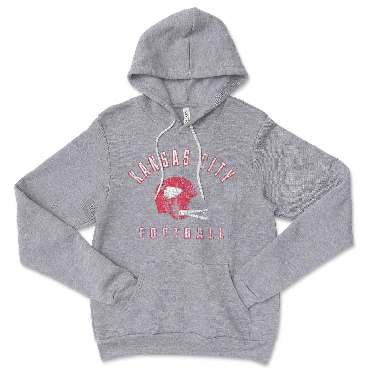 KC Swag Kansas City Chiefs red/white KANSAS CITY FOOTBALL with vintage helmet graphic on athletic heather grey fleece pull-over hoodie