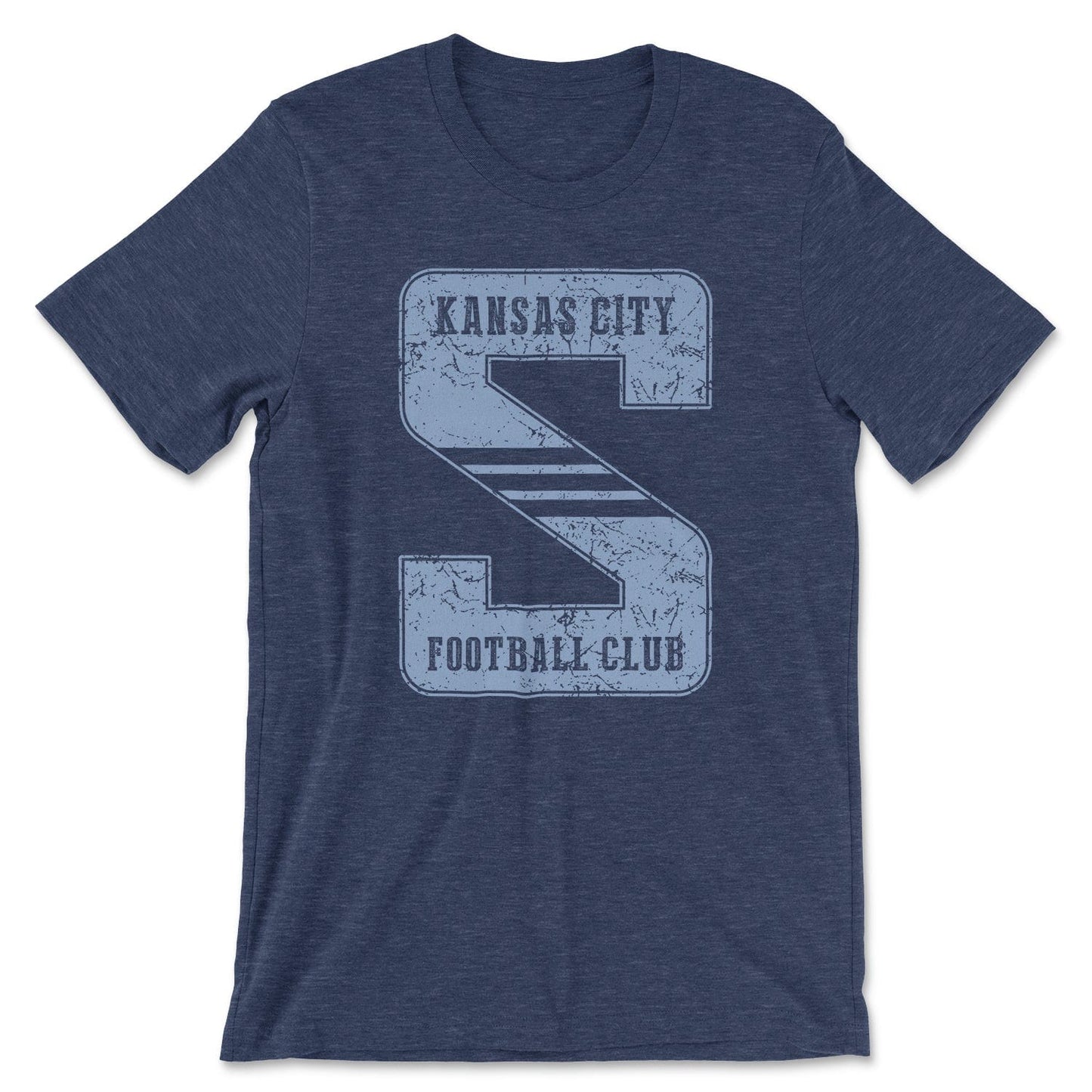 KC Swag Sporting Kansas City powder blue KANSAS CITY FOOTBALL CLUB on giant striped S on heather navy t-shirt