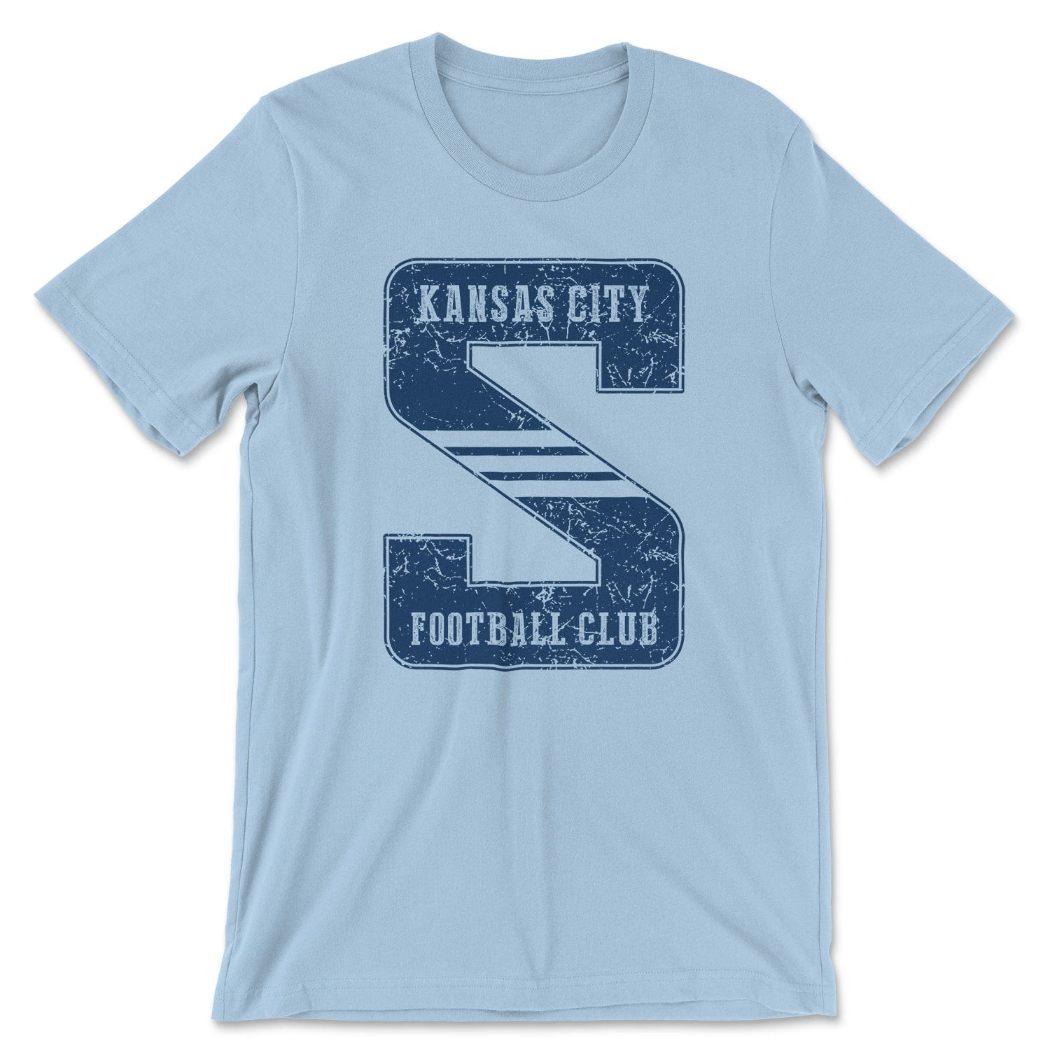 KC Swag Sporting Kansas City navy KANSAS CITY FOOTBALL CLUB on giant striped S on lite blue t-shirt