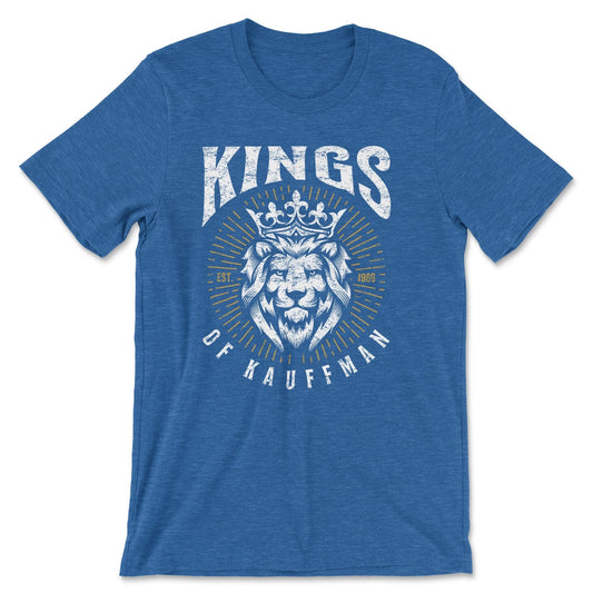 KC Swag Kansas City Royals white/gold KINGS OF KAUFFMAN with lion wearing crown on heather royal blue t-shirt