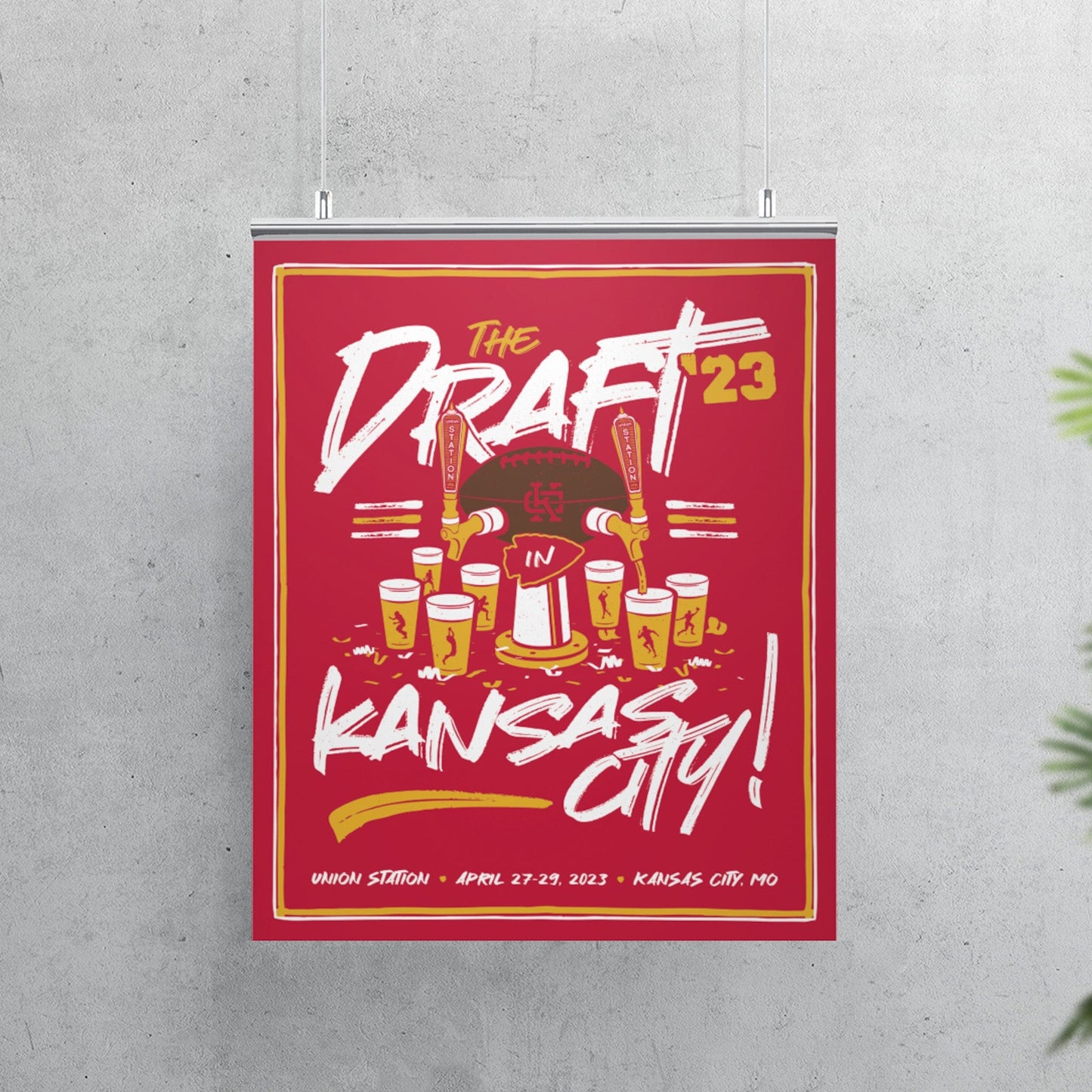 KC Swag Kansas City Chiefs DRAFTIN" IN KC red gold white matte poster hanging on concrete wall
