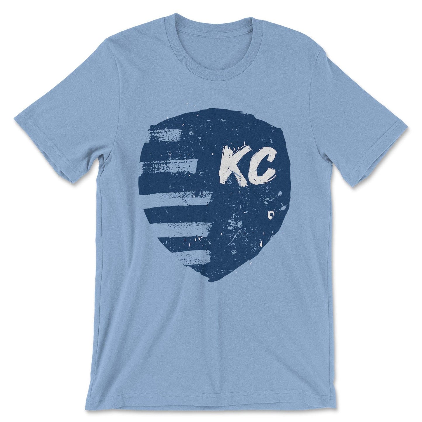 KC Swag Sporting Kansas City navy, powder, white PAINTED SHIELD on baby blue unisex t-shirt 