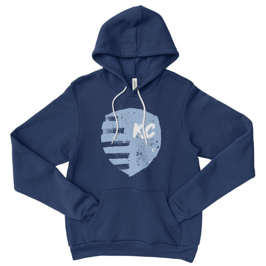 KC Swag Sporting Kansas City powder, white PAINTED SHIELD on navy fleece pullover hoodie 