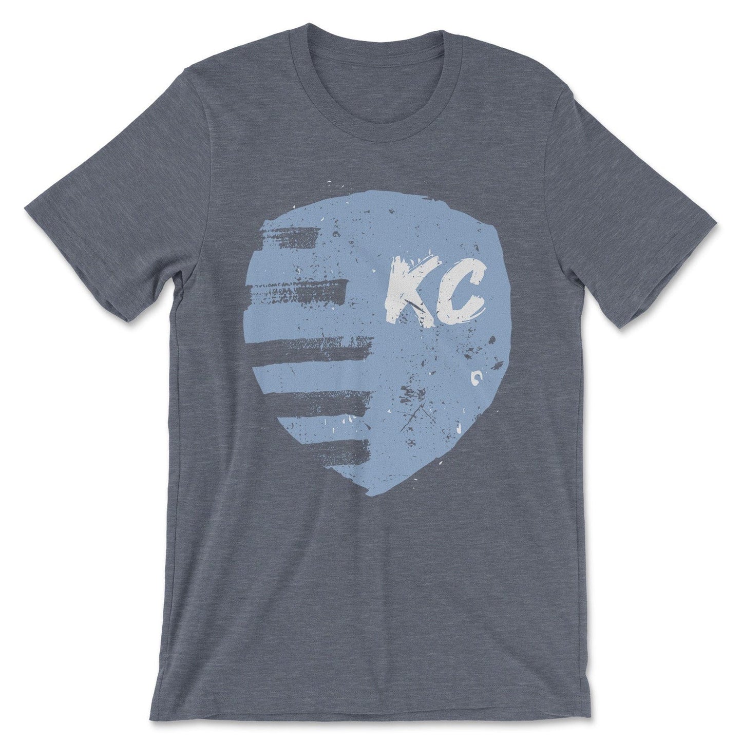 KC Swag Sporting Kansas City navy, powder, white PAINTED SHIELD on heather slate unisex t-shirt 