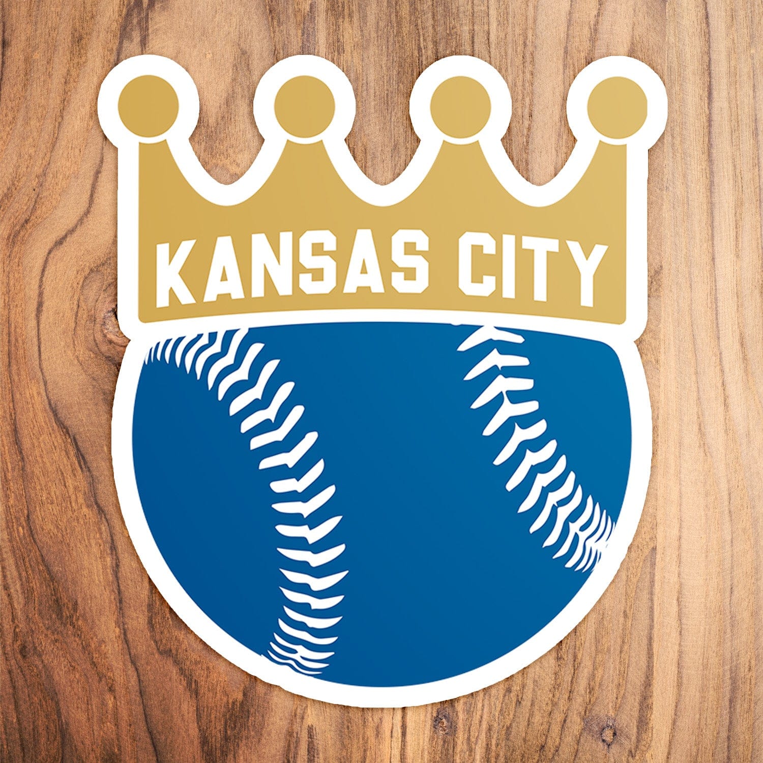 KC Swag Kansas City Royals blue, gold, BASEBALL CROWN vinyl die cut decal sticker on wood table