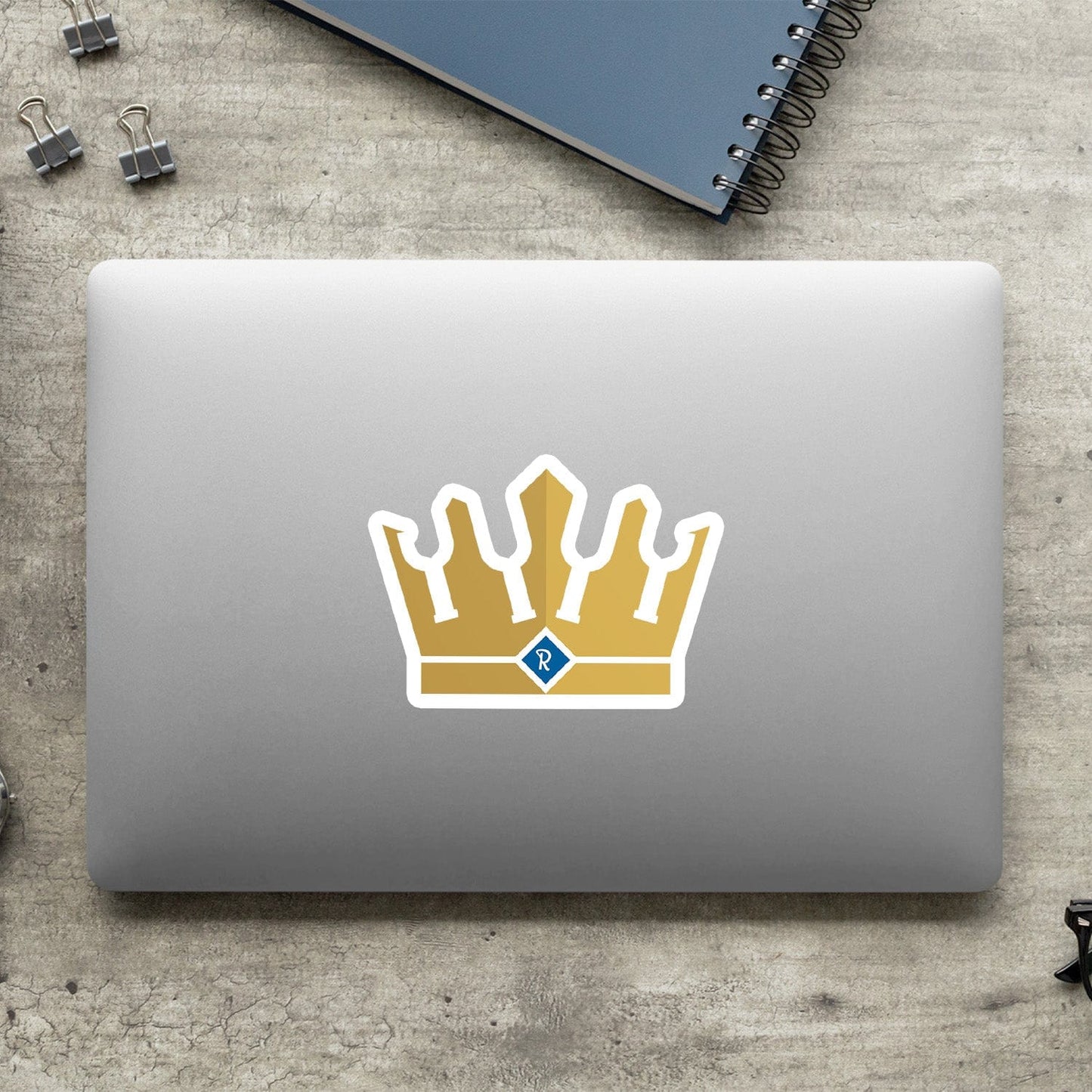 KC Swag Kansas City Royals gold, blue Bottle Crown vinyl die cut decal sticker on closed laptop back