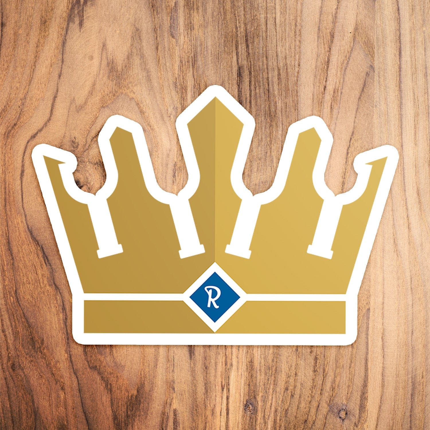 KC Swag Kansas City Royals gold, blue Bottle Crown vinyl die cut decal sticker on wood table