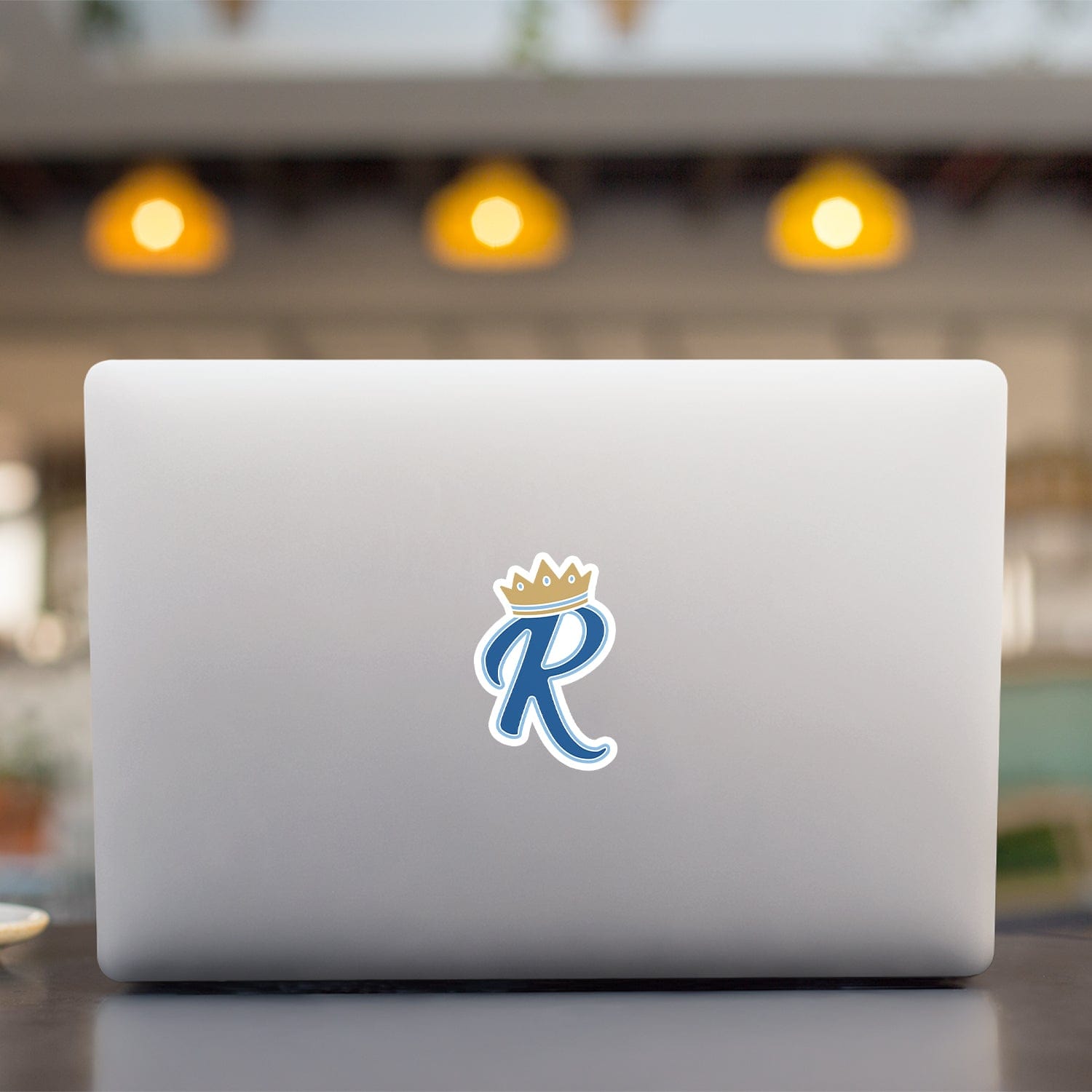 KC Swag Kansas City Royals blue, gold, powder blue CROWN R vinyl die cut decal sticker on open laptop back