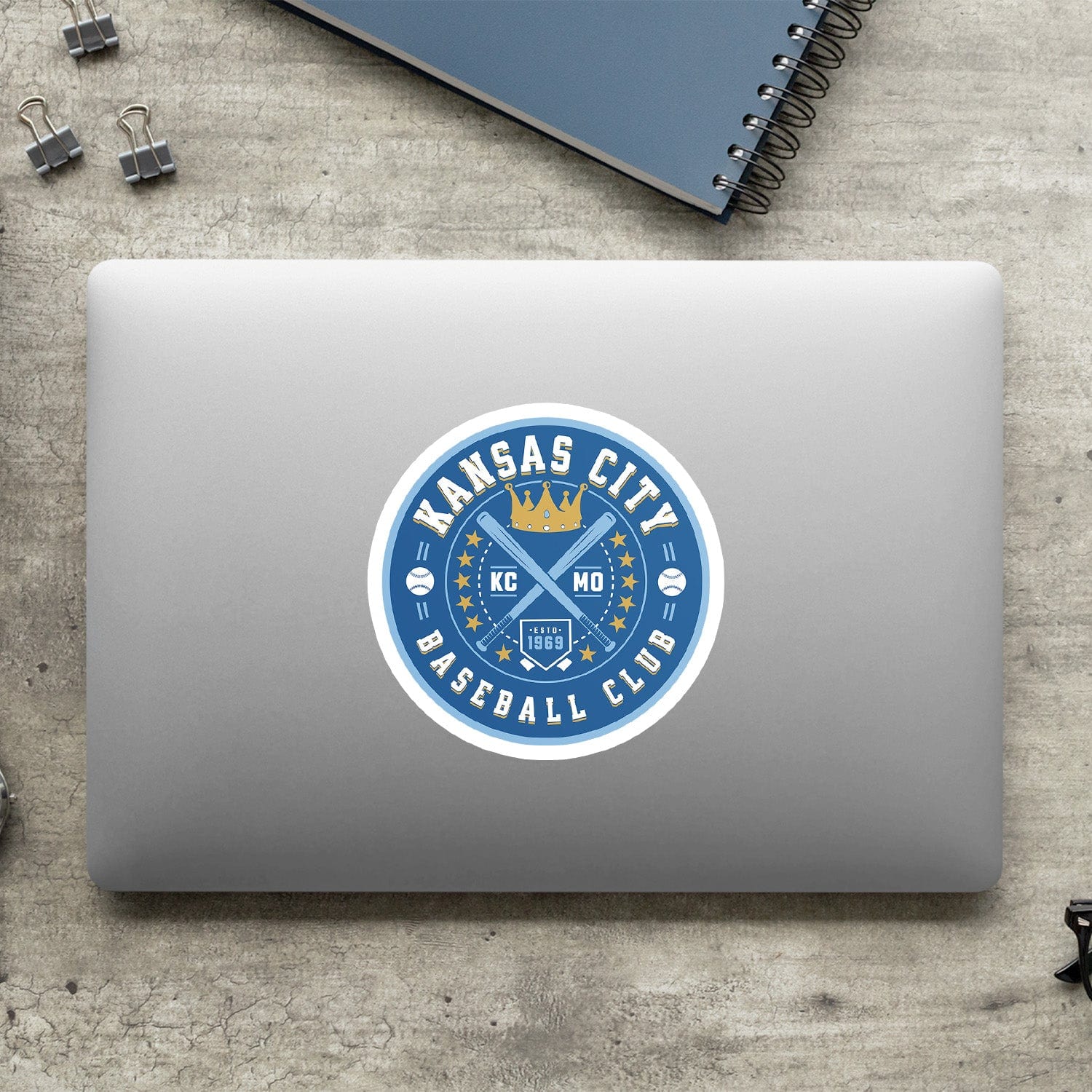 KC Swag Kansas City Royals blue, gold, powder blue KC BASEBALL CLUB vinyl die cut decal sticker on closed laptop back