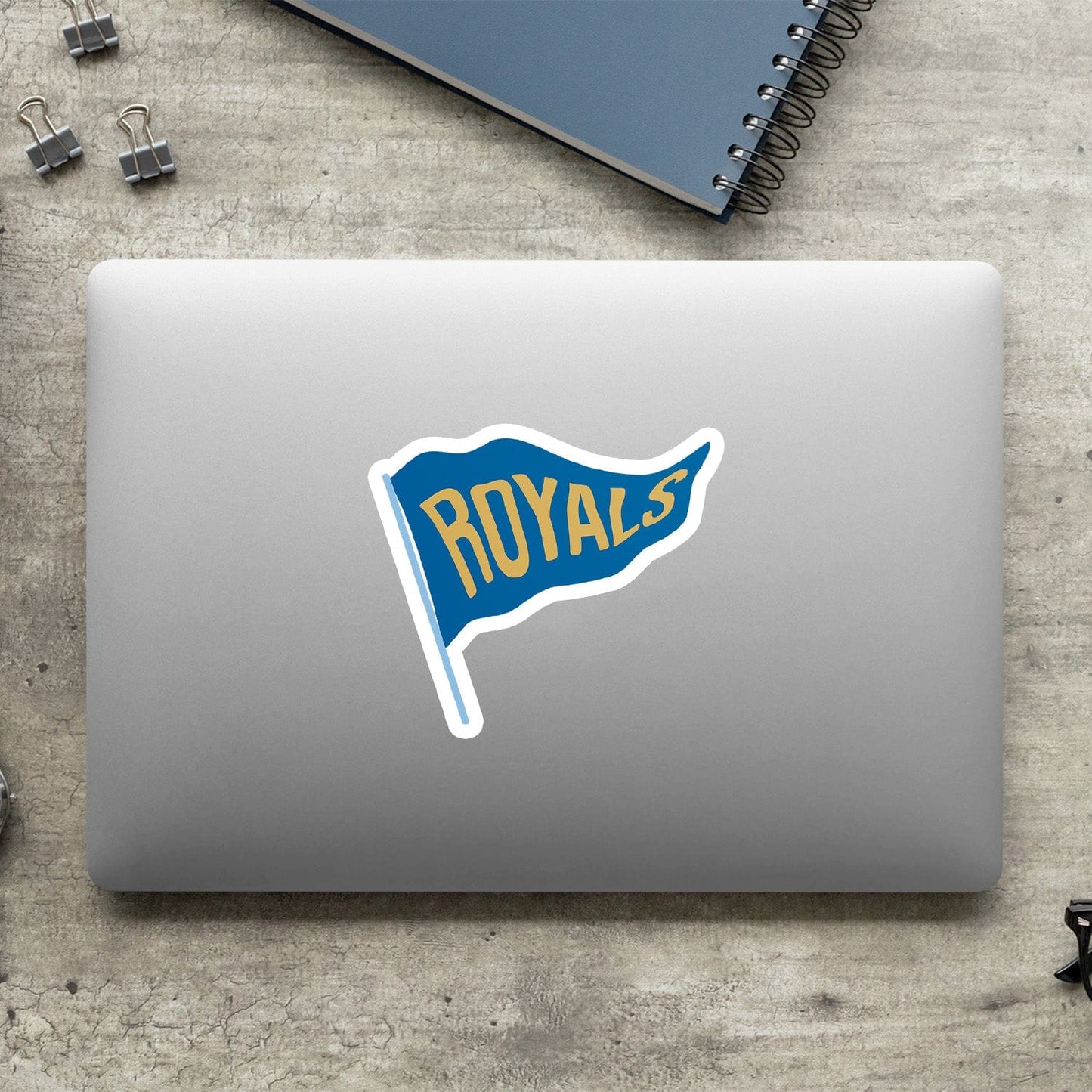 KC Swag Kansas City Royals blue, gold, powder Royals Pennant vinyl die cut decal sticker on closed laptop back