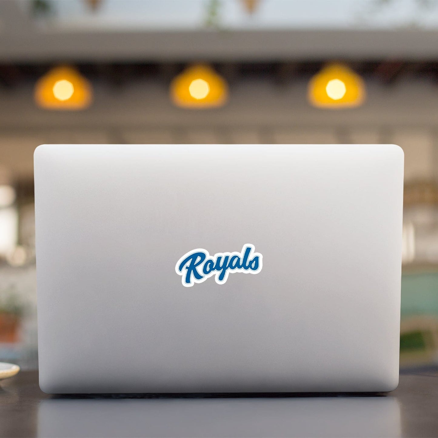 KC Swag Kansas City Royals blue, powder Royals Scrip vinyl die cut decal sticker on open laptop back