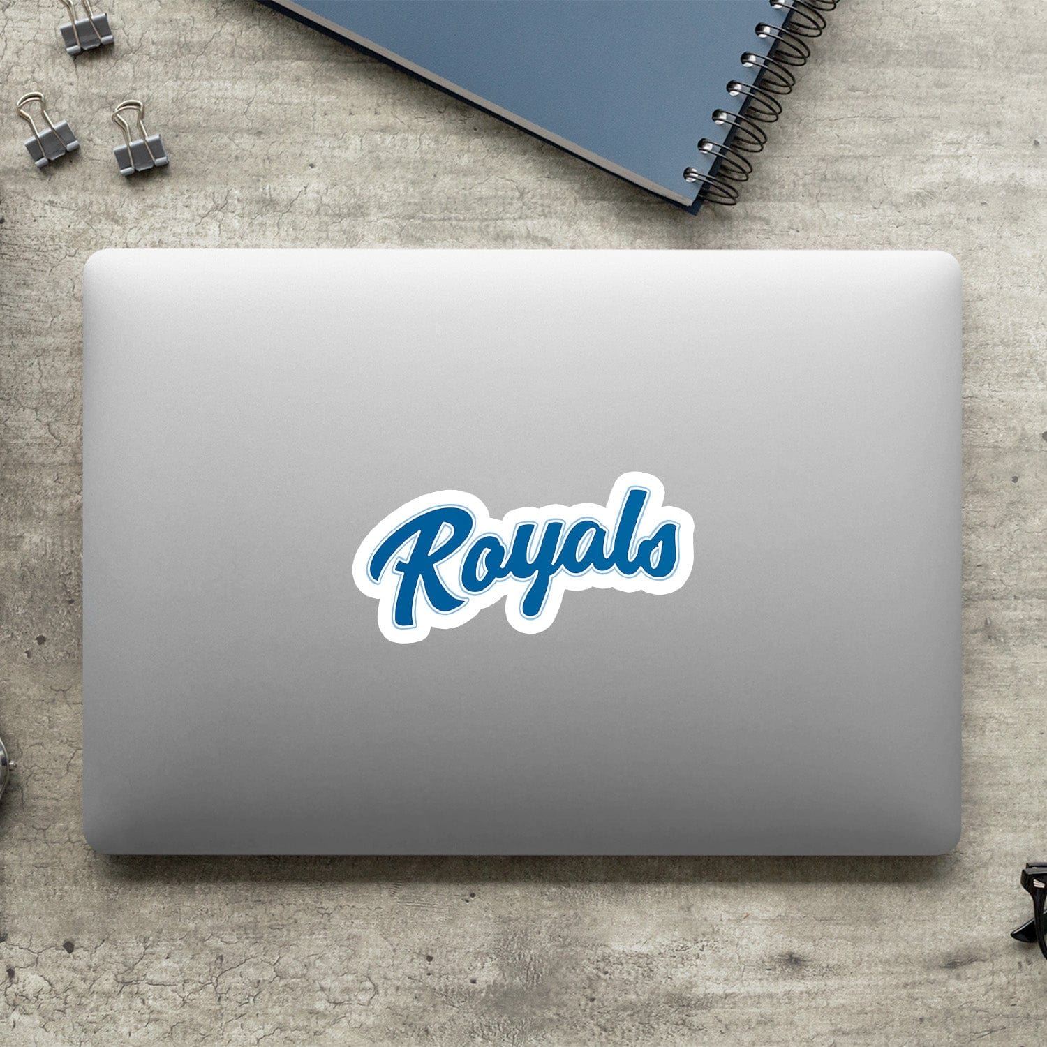 KC Swag Kansas City Royals blue, powder Royals Scrip vinyl die cut decal sticker on closed laptop back