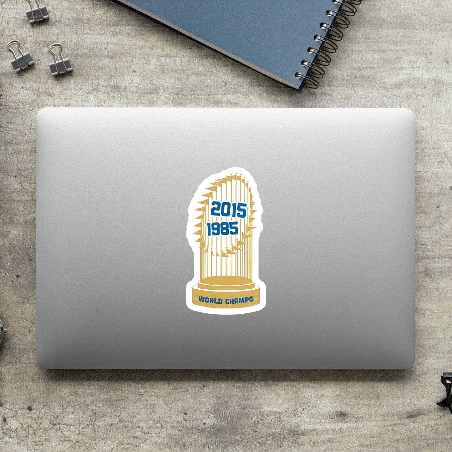 KC Swag Kansas City Royals gold, blue World Series Champs vinyl die cut decal sticker on closed laptop back