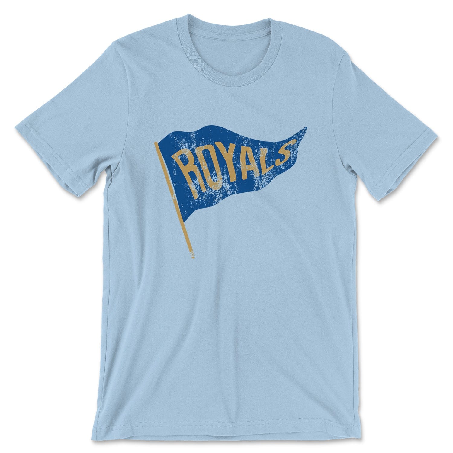 KC Swag Kansas City Royals blue/gold ROYALS PENNANT on lite blue t-shirt