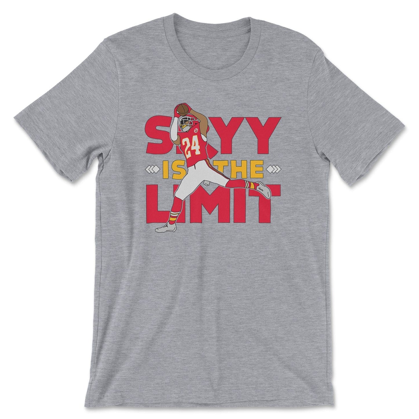 KC Swag Kansas City Chiefs SKYY IS THE LIMIT with football player graphic on athletic heather grey t-shirt