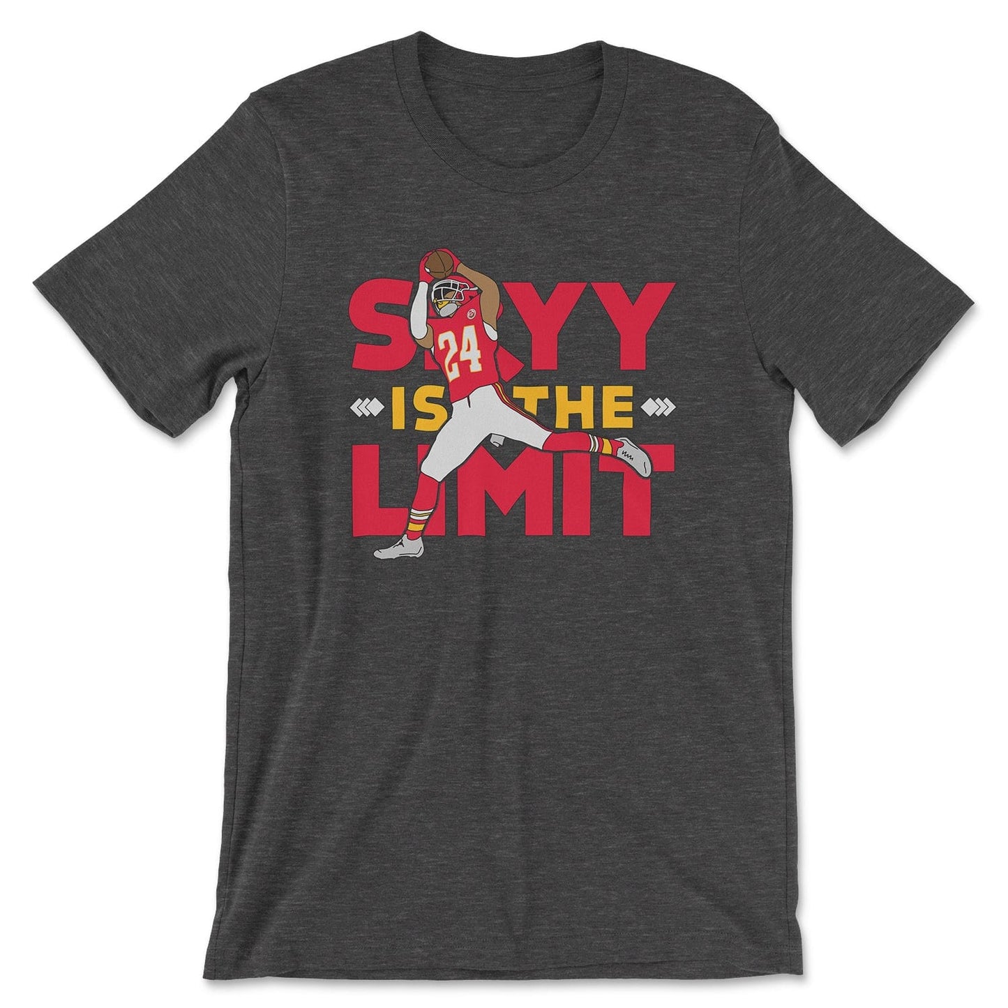 KC Swag Kansas City Chiefs SKYY IS THE LIMIT with football player graphic on dark heather grey t-shirt