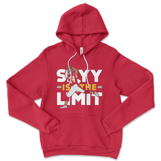 KC Swag Kansas City SKYY IS THE LIMIT with player graphic on red fleece pull-over hoodie