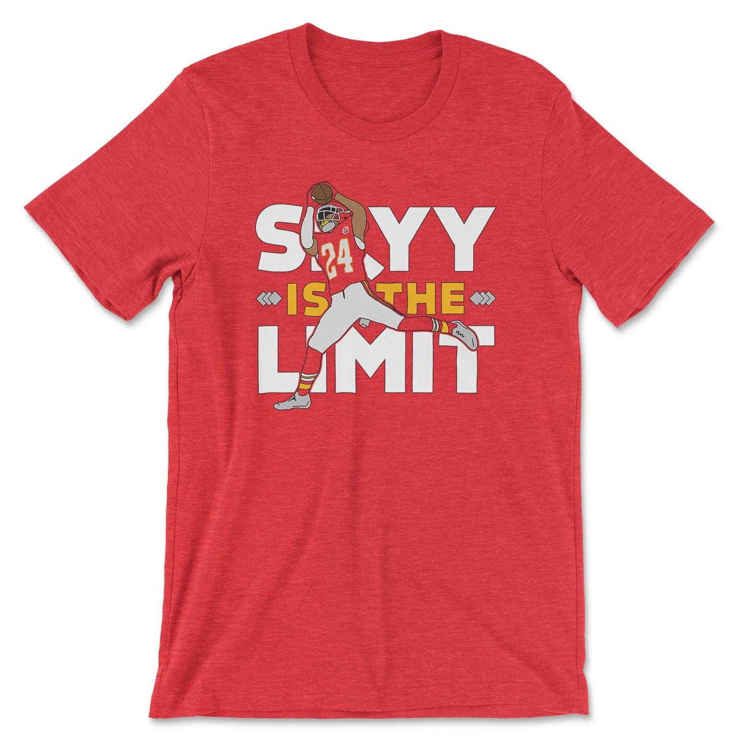KC Swag Kansas City Chiefs SKYY IS THE LIMIT with football player graphic on heather red t-shirt