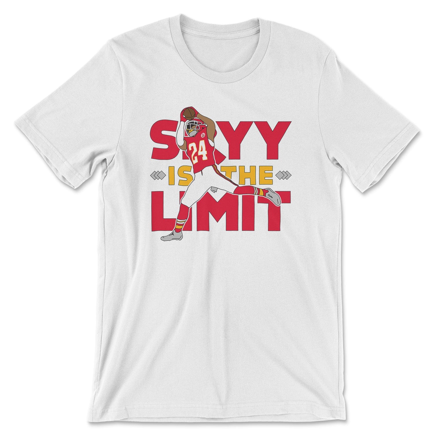 KC Swag Kansas City Chiefs SKYY IS THE LIMIT with football player graphic on white t-shirt