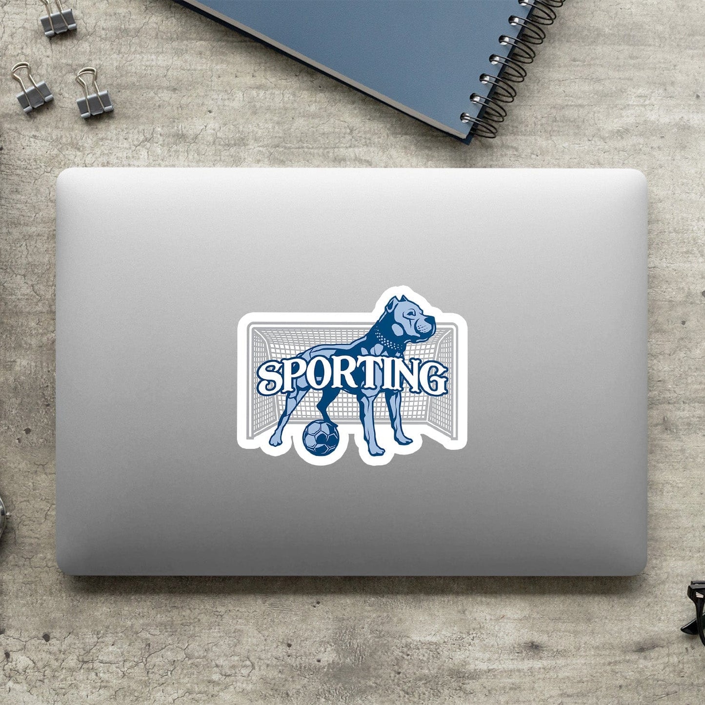 KC Swag Sporting Kansas City powder, navy, grey Pitch Protector vinyl die cut decal sticker on closed laptop back