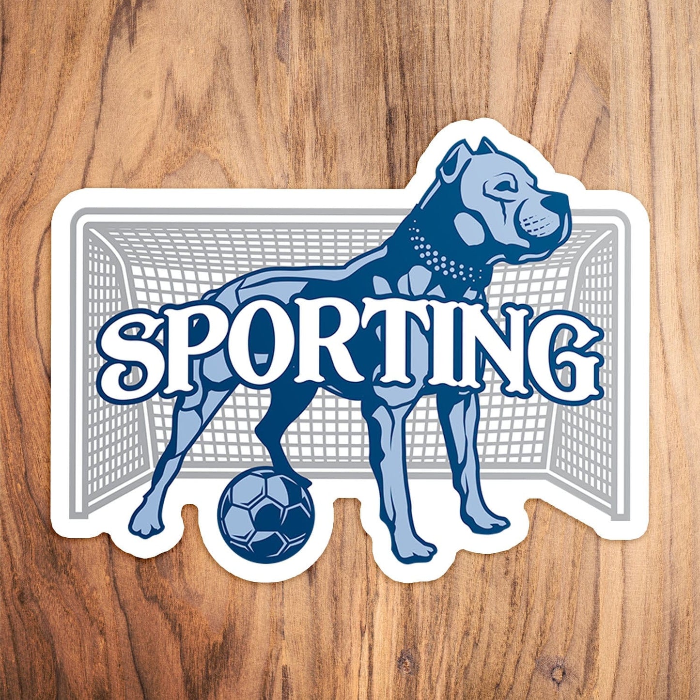 KC Swag Sporting Kansas City powder, navy, grey Pitch Protector vinyl die cut decal sticker on wood table