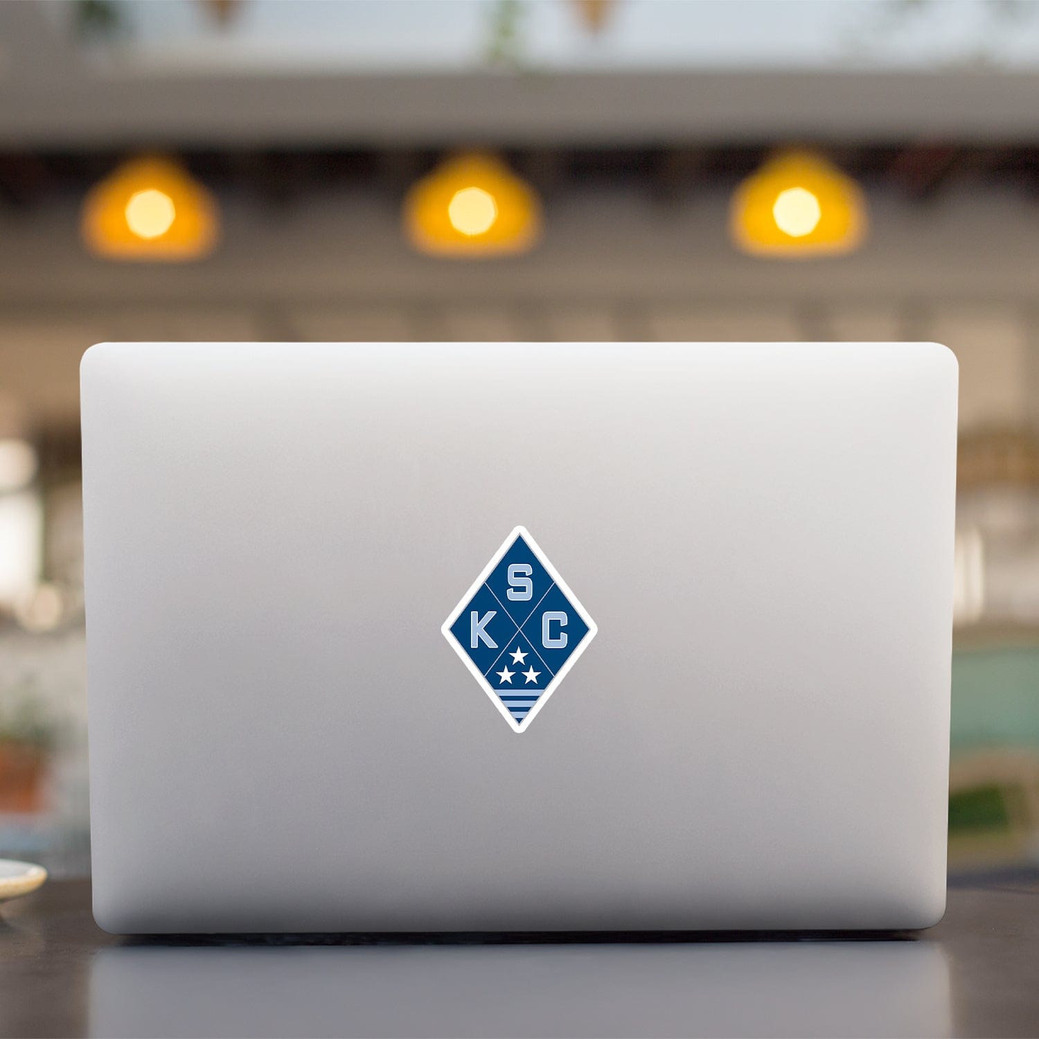 KC Swag Sporting Kansas City powder, navy, silver SKC Diamond vinyl die cut decal sticker on open laptop back