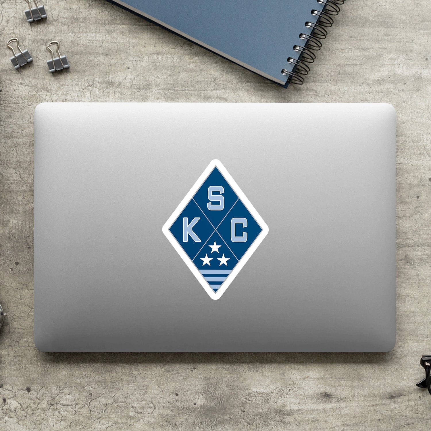 KC Swag Sporting Kansas City powder, navy, silver SKC Diamond vinyl die cut decal sticker on closed laptop back