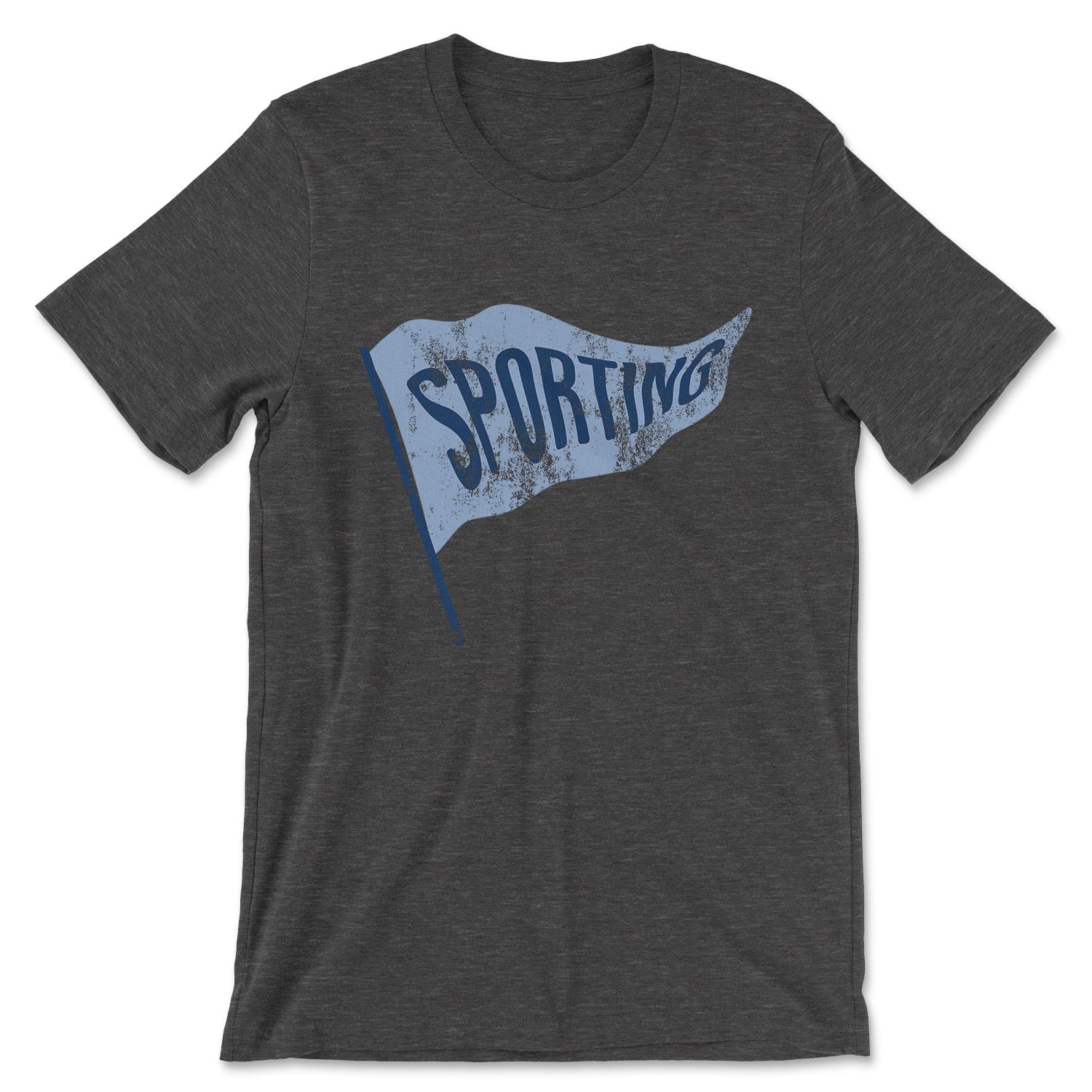 KC Swag Sporting Kansas City powder blue/navy SPORTING PENNANT on dark heather grey t-shirt