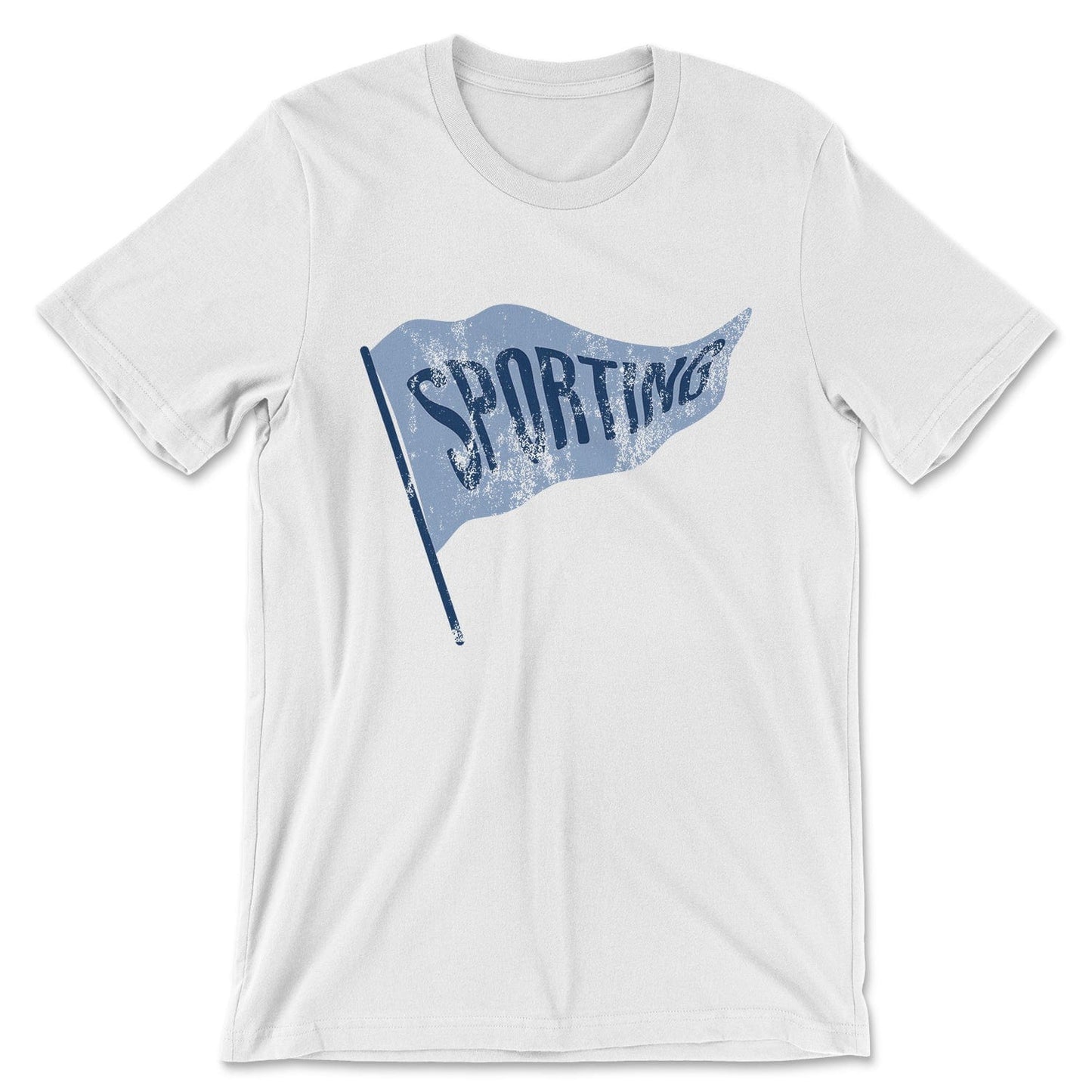 KC Swag Sporting Kansas City powder blue/navy SPORTING PENNANT on white t-shirt