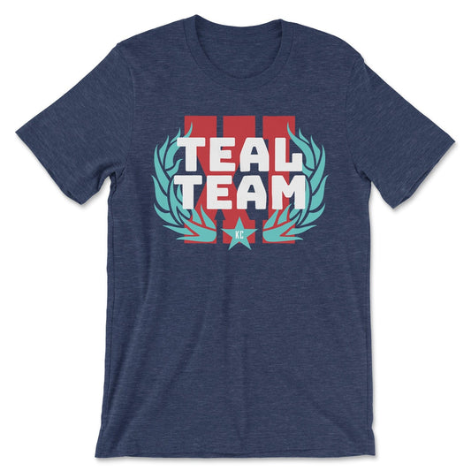 KC Swag Kansas City Current TEAL TEAM X! on heather navy unisex t-shirt