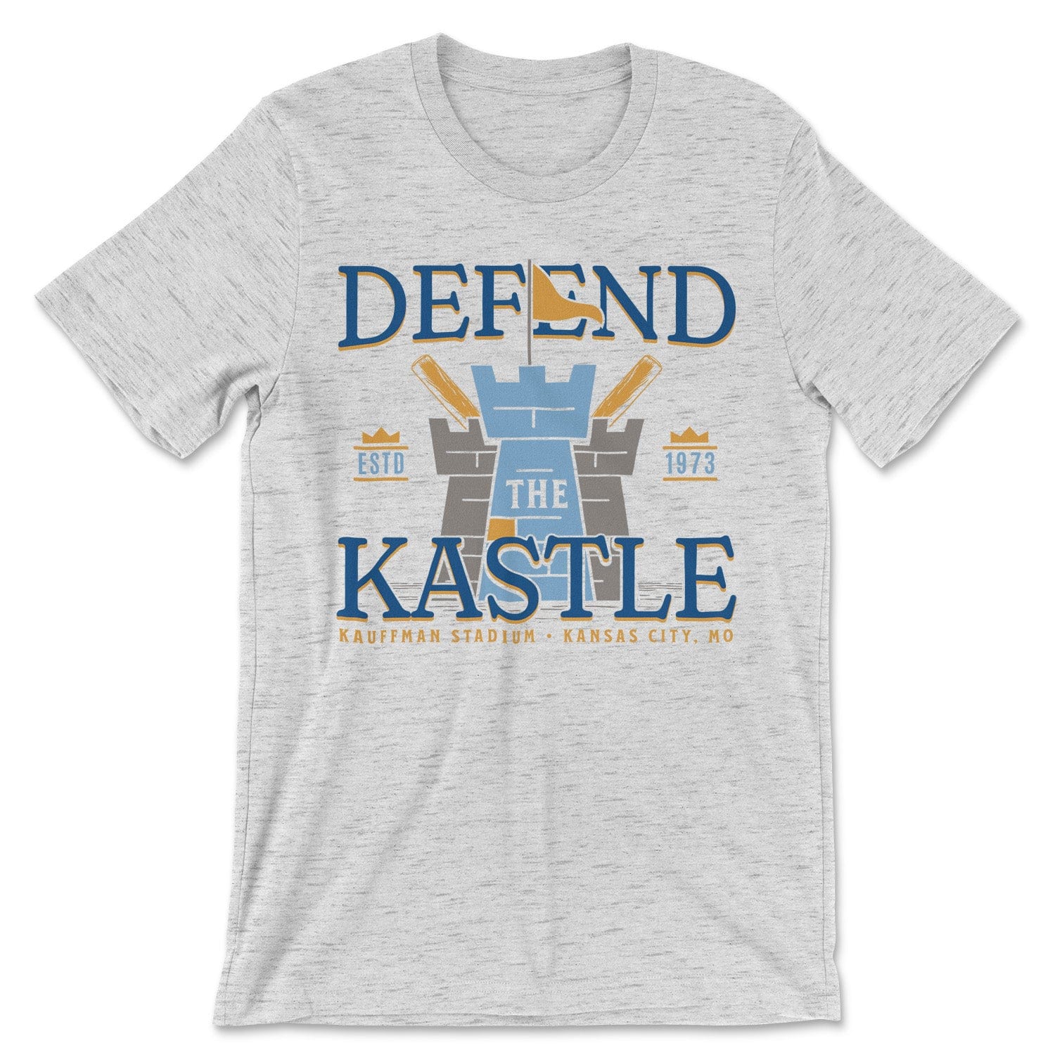 KC Swag Kansas City Royals powder, blue, gold DEFEND THE KASTLE on ash heather grey unisex t-shirt 
