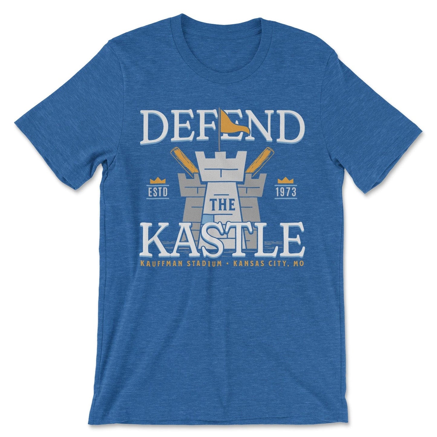 KC Swag Kansas City Royals powder, blue, gold DEFEND THE KASTLE on heather royal blue unisex t-shirt 