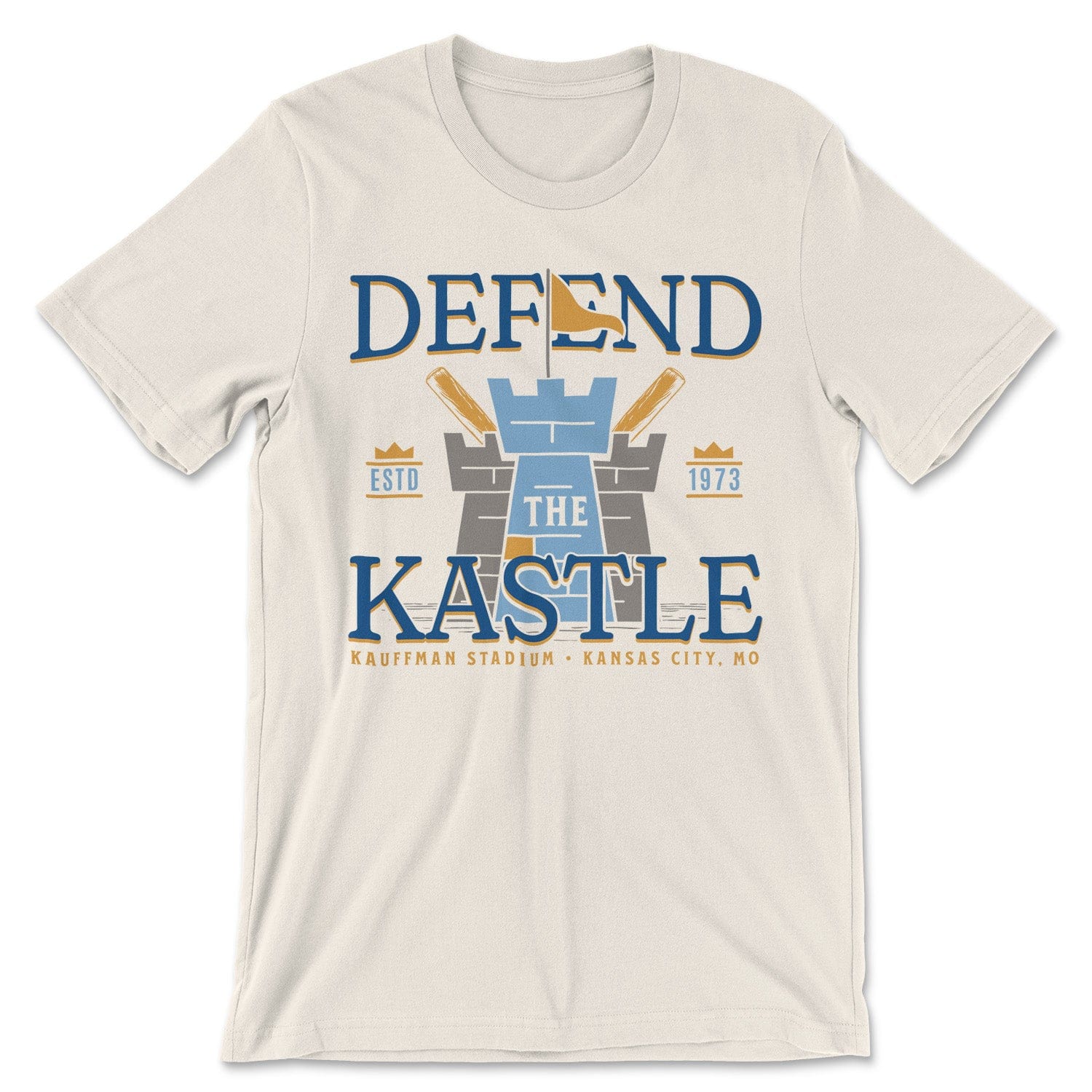 KC Swag Kansas City Royals powder, blue, gold DEFEND THE KASTLE on natural cream unisex t-shirt 