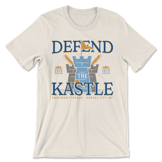 KC Swag Kansas City Royals powder, blue, gold DEFEND THE KASTLE on natural cream unisex t-shirt 