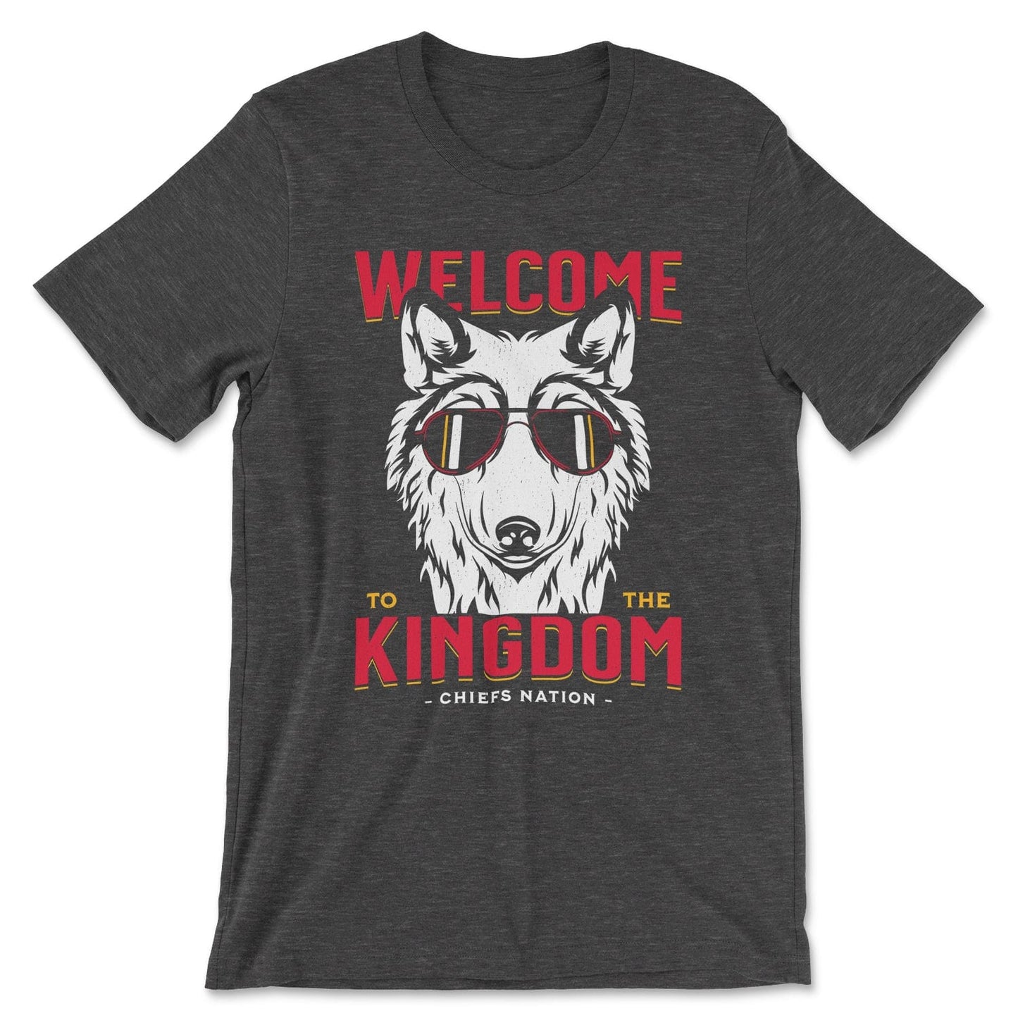 KC Swag Kansas City Chiefs COOL WOLF KINGDOM with wolf face graphic on dark heather grey t-shirt
