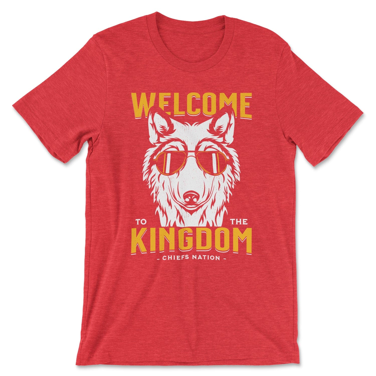 KC Swag Kansas City Chiefs COOL WOLF KINGDOM with wolf face graphic on heather red t-shirt