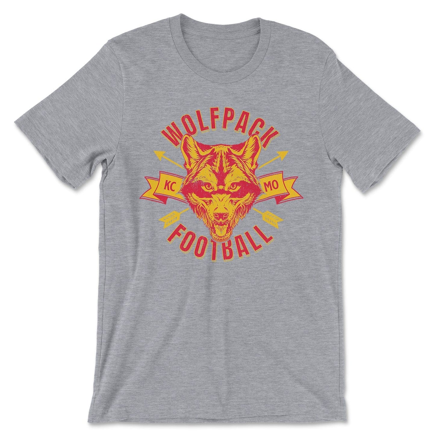 KC Swag Kansas City Chiefs WOLFPACK FOOTBALL with wolf head graphic on athletic heather grey t-shirt