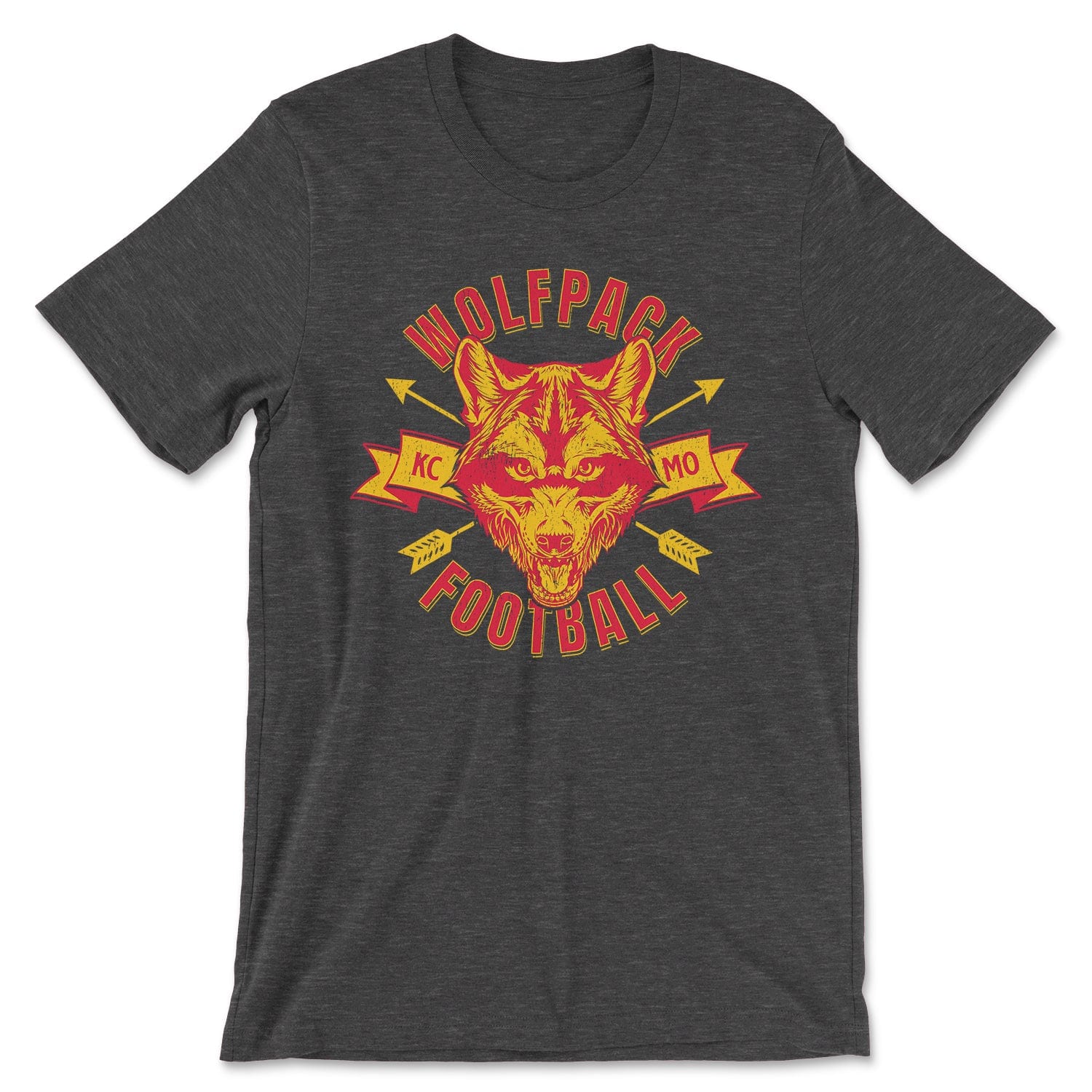 KC Swag Kansas City Chiefs WOLFPACK FOOTBALL with wolf head graphic on dark heather grey t-shirt