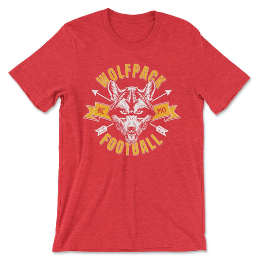 KC Swag Kansas City Chiefs WOLFPACK FOOTBALL with wolf head graphic on heather red t-shirt