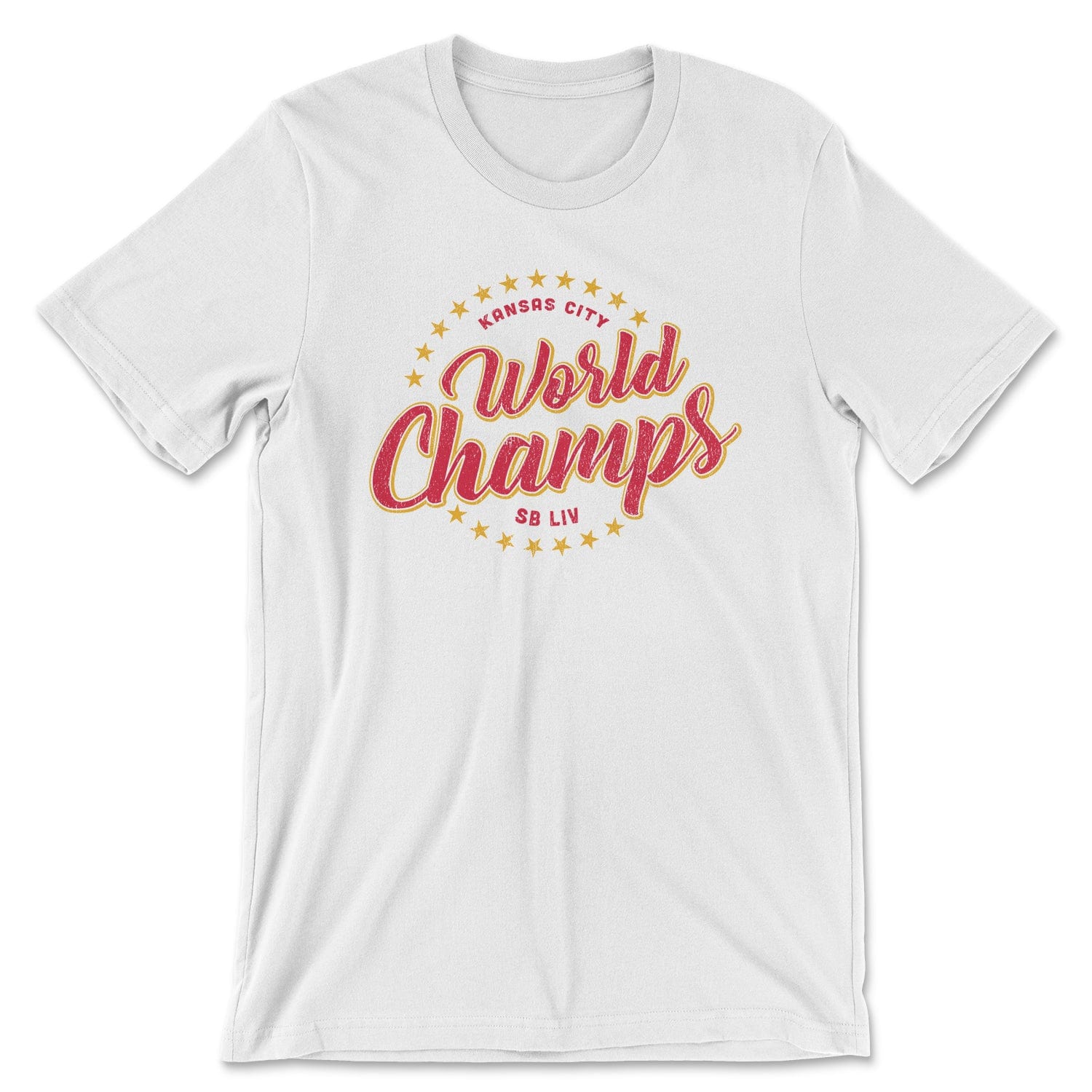 KC Swag Kansas City Chiefs yellow/red WORLD CHAMPS set in ring of stars on white t-shirt