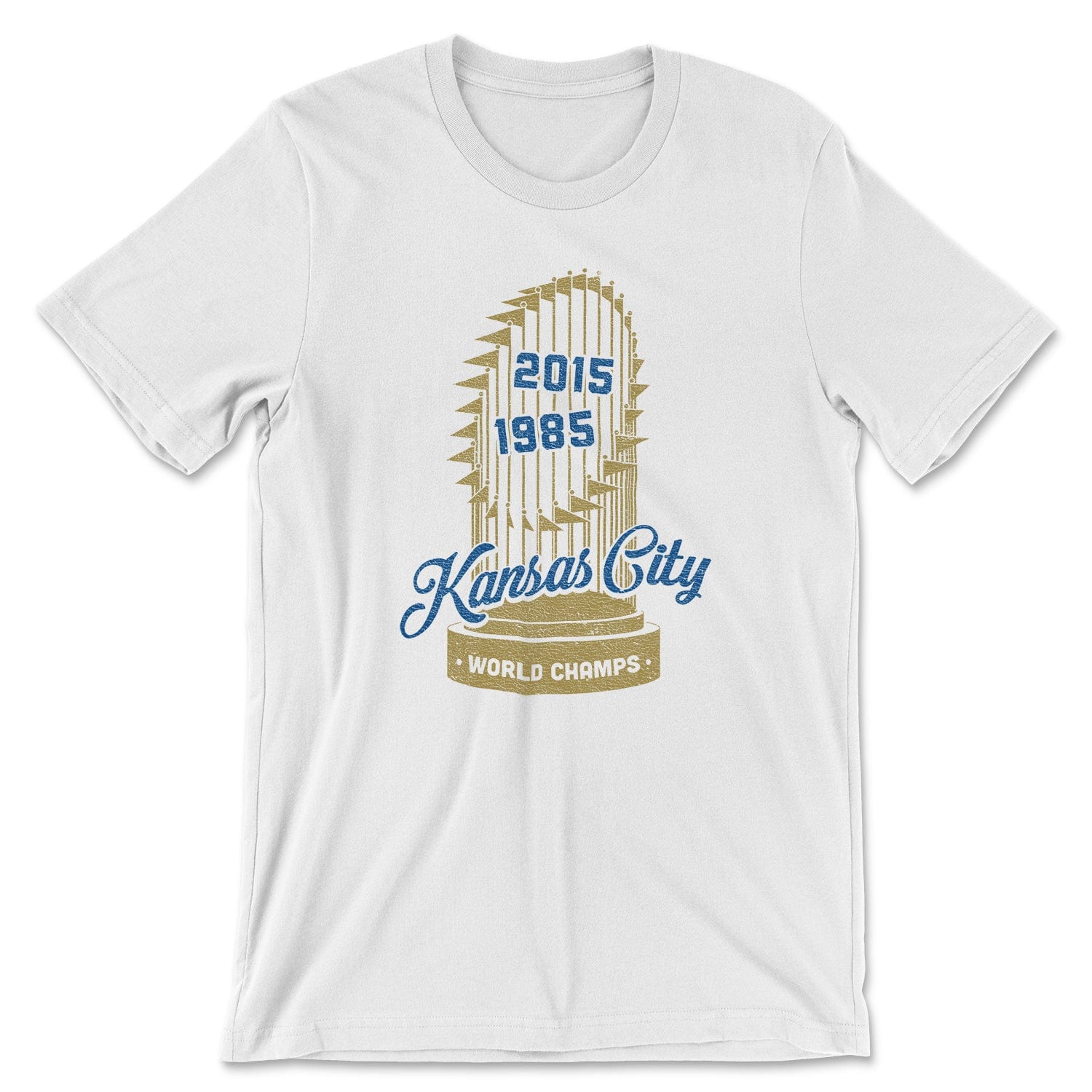 KC Swag Kansas City Royals blue KANSAS CITY 2015 1985 with gold WORLD SERIES TROPHY on white t-shirt