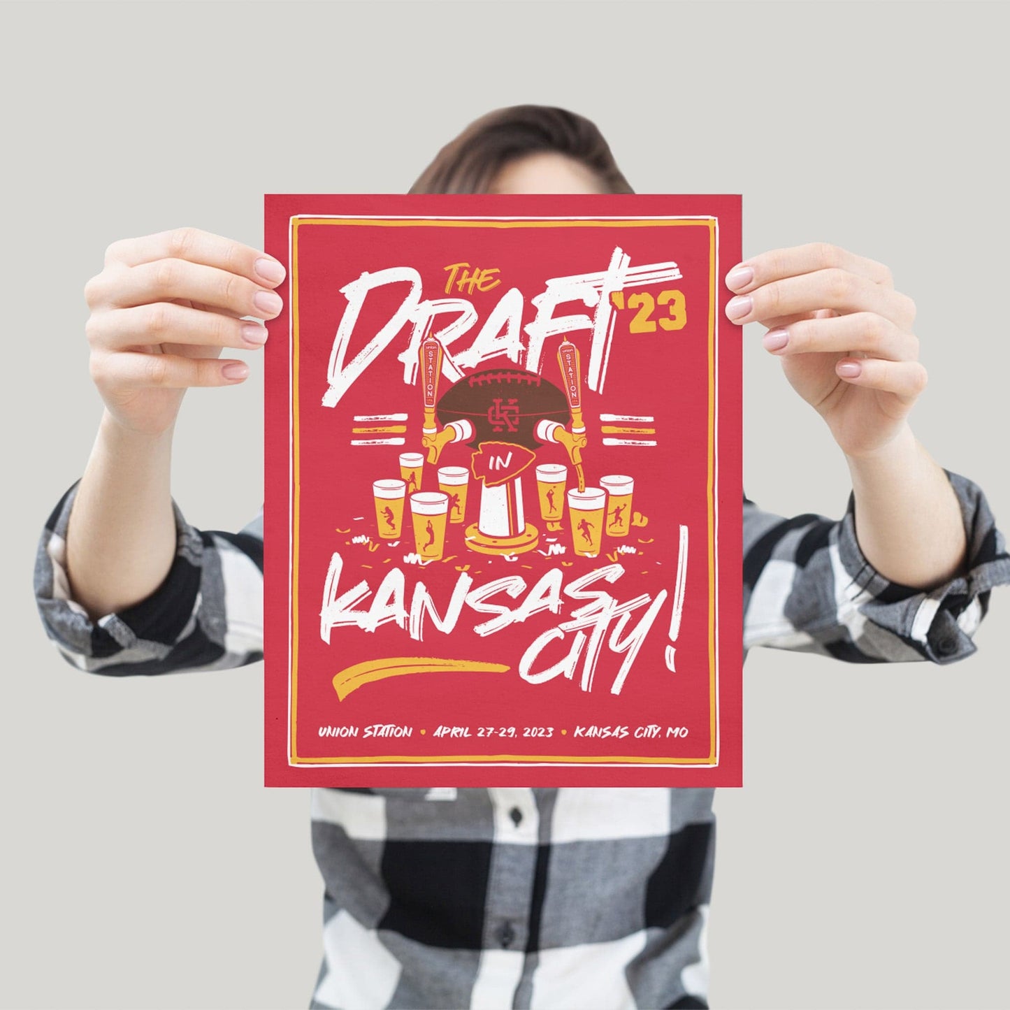KC Swag Kansas City Chiefs DRAFTIN" IN KC red gold white matte poster held by female model 